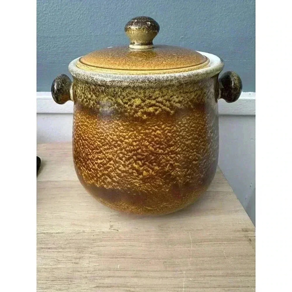 None Other - Vintage Pottery Stone Sugar Bowl Ceramic Canisters Jar Container Bean Pot